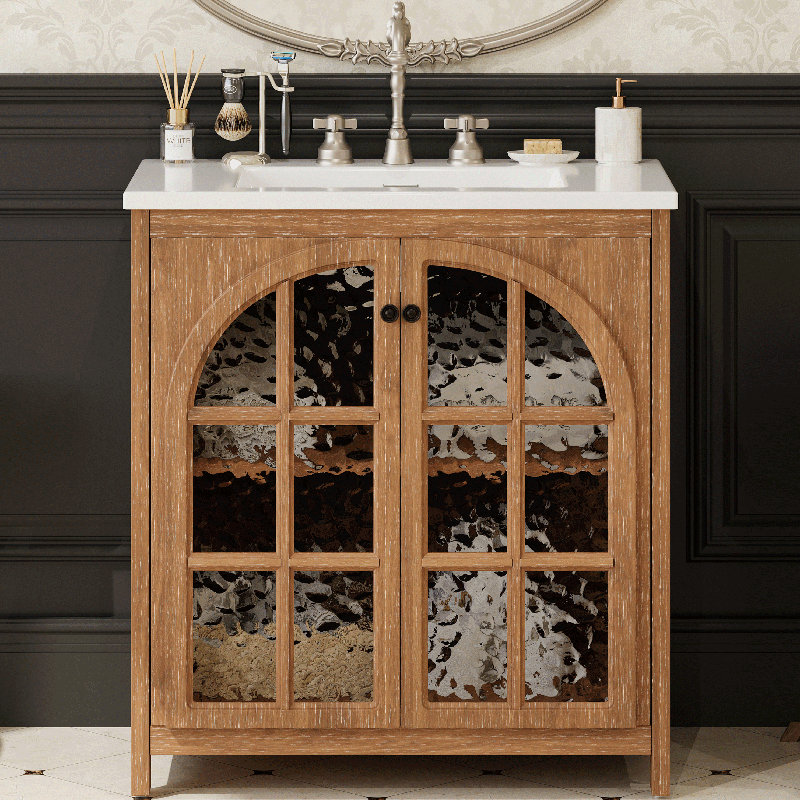 Meuble-lavabo 31 po avec lavabo en porcelaine antique, Brun