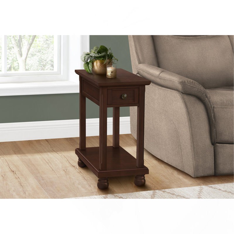 Table d'appoint, table de bout, table d'appoint, étroite, table de chevet, chambre à coucher, lampe, tiroir de rangement, placage brun, traditionnel
