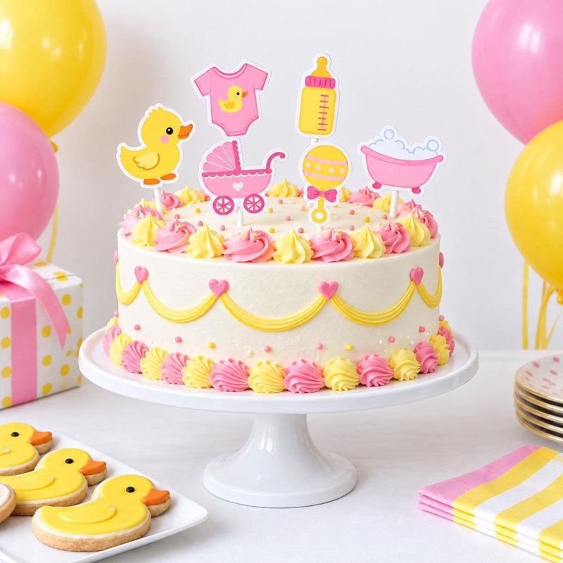 Petites décorations de gâteaux de petit canard, canards à hochet de transport de canard jaune et rose, choix de gâteaux de fête de naissance