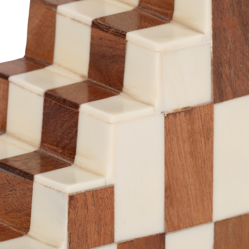 Bookends Wood Resin Geometric Checkered Step Design - Glam Style for Home Office Bedroom Living Room Decorative Support Set of 2 - 6" Ivory & Tan