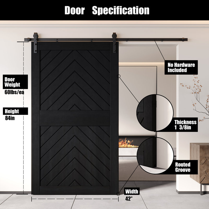 Porte de grange en bois de pin 4-en-1 à finition noire et non assemblée 42 po x 84 po Homacer Homacer (usage intérieur seulement) Homacer