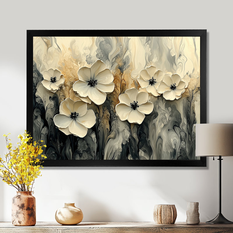 Ilaisaane crème fleurs abstraites dans le vent II - fleurs abstraites, art mural, H 30 po x l 40 po, Noir, noir, noir, noir