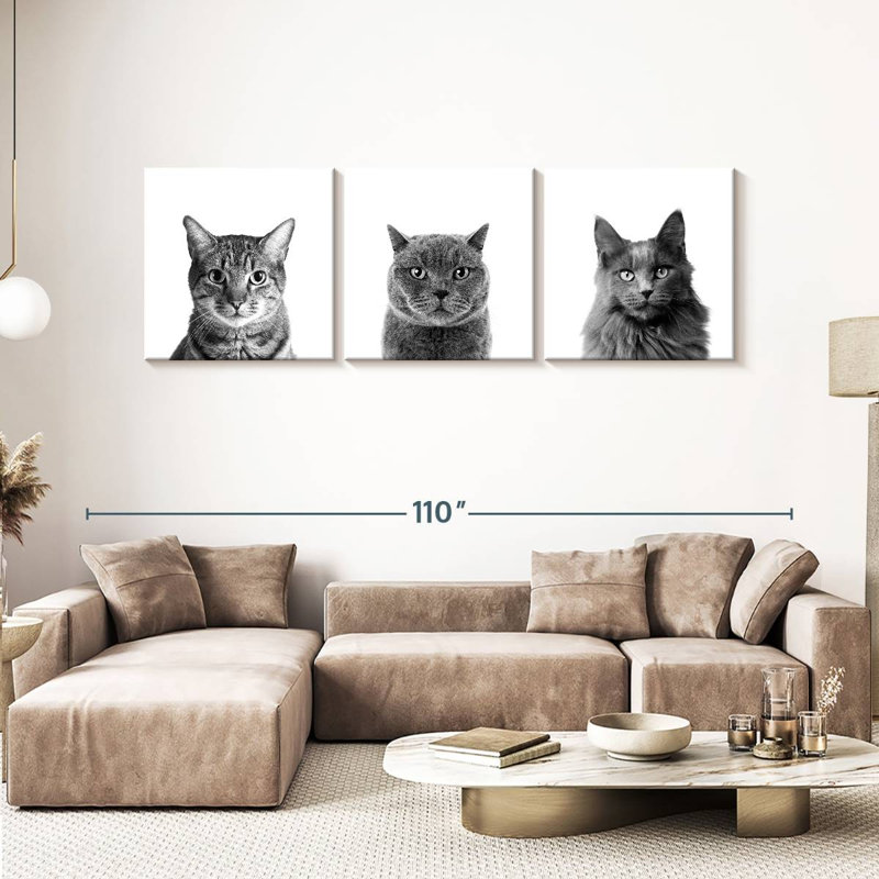 Trois chats, reproduction sur toile, H 30 po x l 92 po x P 1,25 po