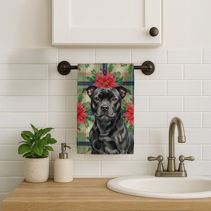 Black Staffordshire Bull Terrier Christmas PoinsettIas Kitchen Towel, Black Staffordshire Bull Terrier