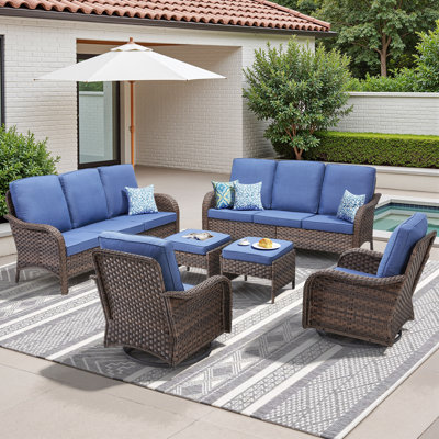 6 Piece Outdoor Set 2 Three-Seat Sofas 2 Swivel Chairs 2 Ottomans Weather Resistant Cushions Metal Frame For Patio Garden Poolside