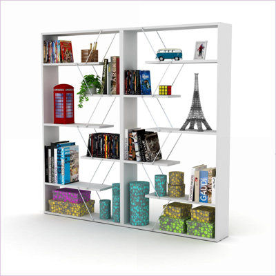 Bibliothèque, cadre industriel en métal bleu royal à 6 tablettes blanc neige (33 x 62 x 8) | Moderne | Ouvert à l'arrière