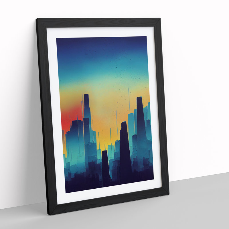 City Skyline Sunrise - Print, 66cm H x 48cm W x 2cm D, Black Framed, White