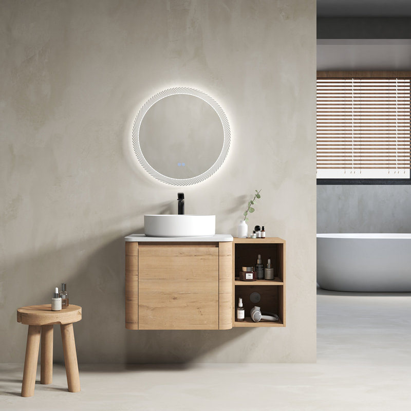 Meuble-lavabo mural 36 po avec lavabo d'art en céramique et tablettes de rangement, porte à fermeture en douceur, emballage KD, contreplaqué