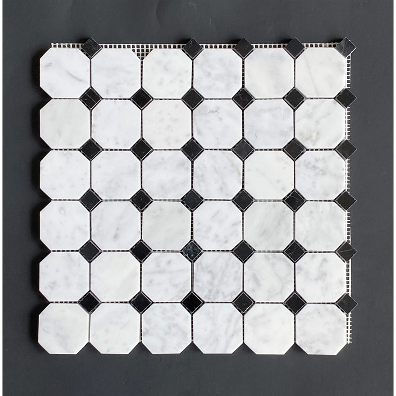 Octagon and Dot Marble Mosaic Wall & Floor Tile, White Carrara
