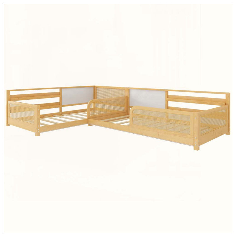 Structure de lit simple en L pour 2 enfants, lits convertibles détachables avec tableaux blancs, lit pour enfants en rotin avec étagères et lumières