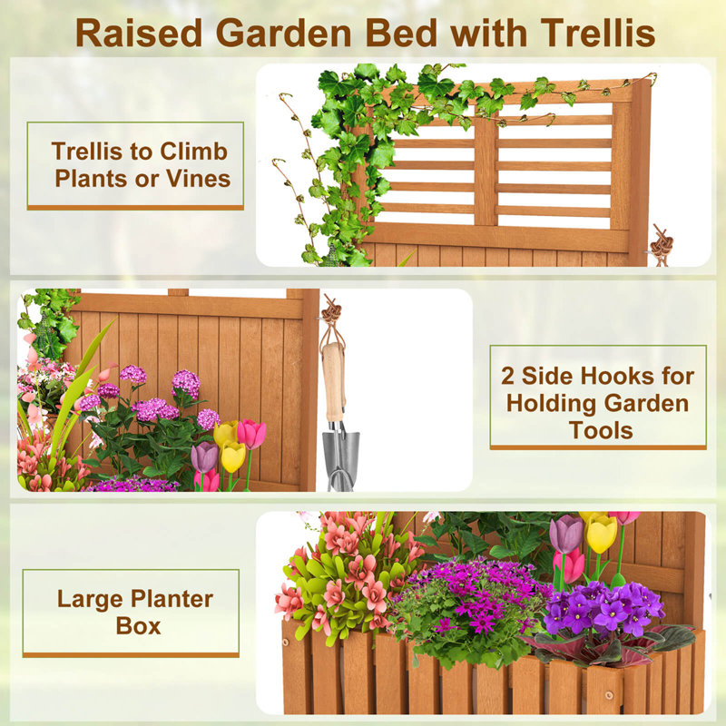 Wooden Plant Stand Raised Garden Bed With Trellis & Planter Box Privacy Screen, 1