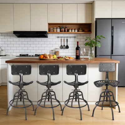 Set Of 4, Adjustable Industrial Home Bar Stools - Cast Iron Tractor Seat Swivel Metal Farmhouse Dining Stools - Counter & Pub Height 22.44" To 27.56" - Black With Brushed Silver Finish
