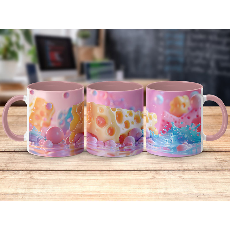 Set of 2 3D Design 11oz Accent Mugs – Ceramic Coffee Cups with a Pink Handle and Interior