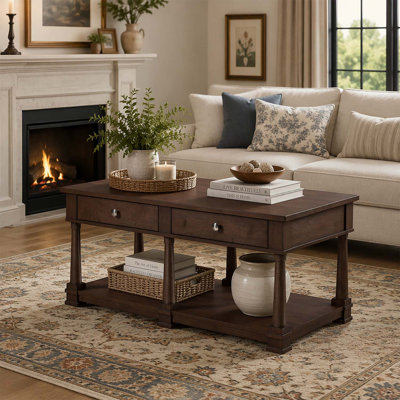 Farmhouse Wooden Coffee Table with 2 Storage Drawers & Lower Open Shelf, Rectangular Cocktail Table with Solid Wood Legs for Living Room