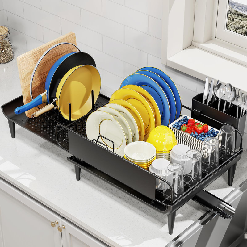 Séchoir à vaisselle extensible pour comptoir de cuisine avec égouttoir, assiettes à drainage rapide et emplacement flexible pour tout évier (noir)