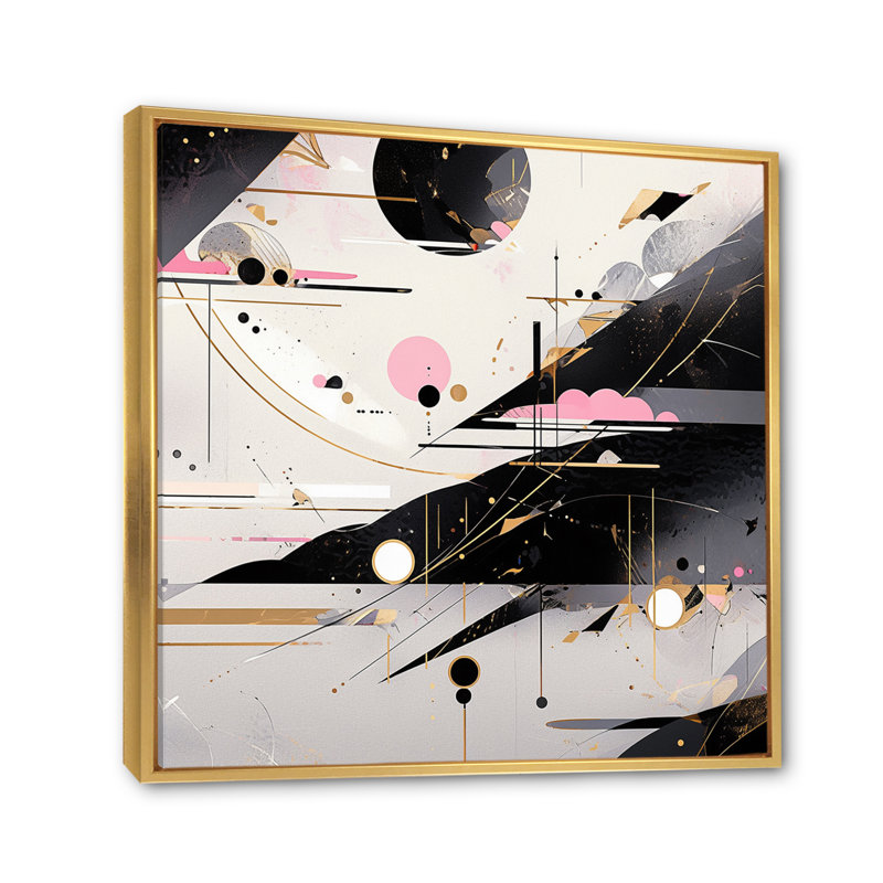 «Pink Black», rayures audacieuses sur toile, Cadre flottant doré, H 16 po x l 16 po x P 1 po