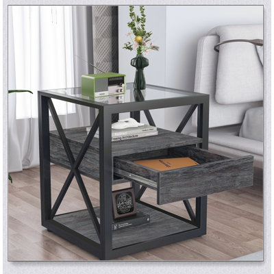 Ensemble de 2 tables de bout modernes avec tiroir - Panneau de fibres à densité moyenne en bois rustique et plateau en verre trempé, style industriel pour les chambres à coucher et les salons