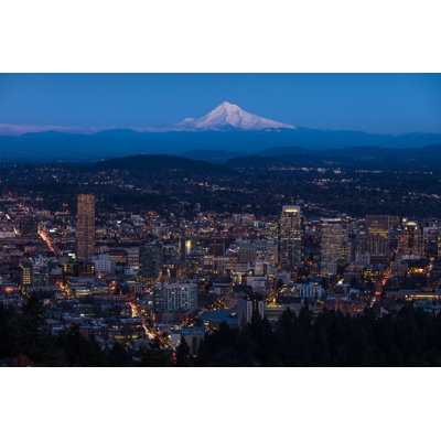 Mt Hood And Portland Cityscape by Xiao Zhou - Wrapped Canvas Print