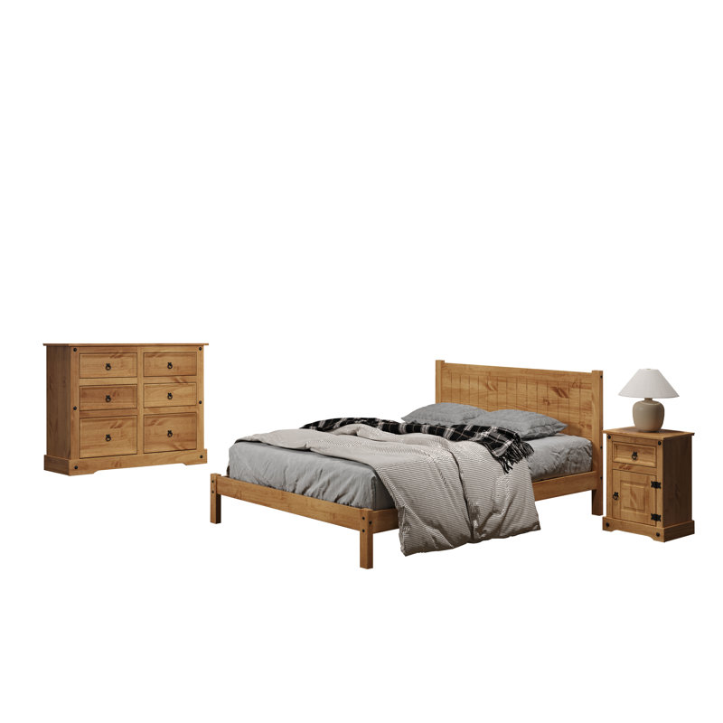 Lindall 3 Piece Bedroom Set, One Nightstand, One Bed & One Large Dresser, Solid Wood Rustic Farmhouse Style, Queen