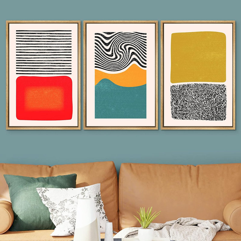 Blocs de couleurs abstraites et vibrantes, blocs de couleur Mid-Century et spirales, impression sur toile, 3 pièces, Naturel