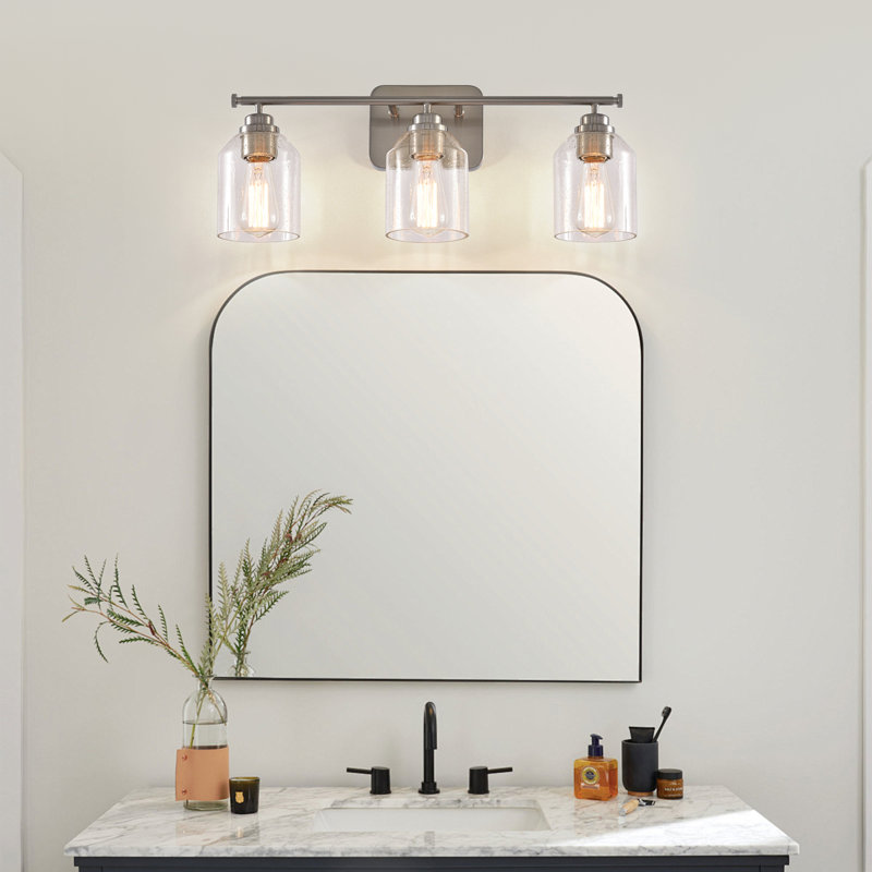 22" W Modern 3-Light Brushed Nickel Dimmable Bathroom Vanity Light With Seeded Glass Shade