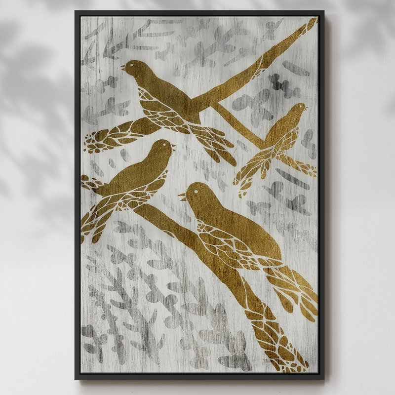 " Four Calling Birds - Gold Leaf Holiday ", Black Floater Framed, 25" H x 17" W x 1.5" D