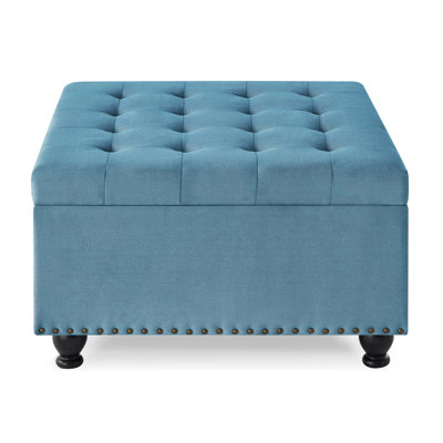Large Square Storage Ottoman With Wooden Legs, Button-Tufted Upholstered Coffee Table With Nail Trims