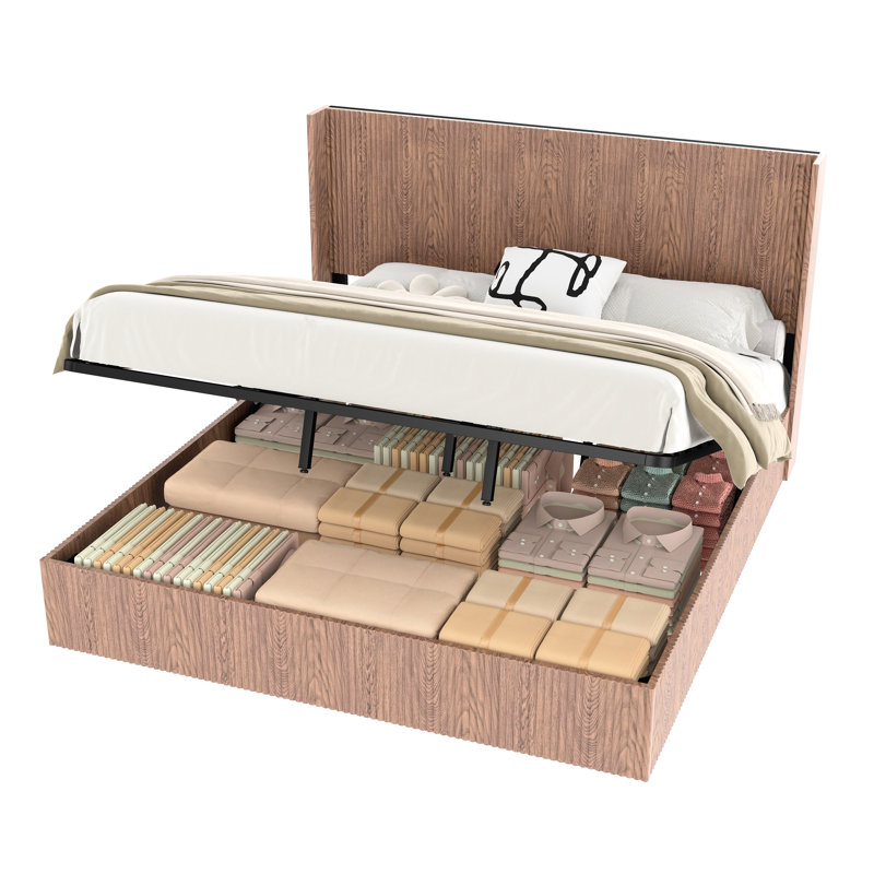 Structure de très grand lit de couleur brun rustique, rangement relevable, taille de tête de lit exquise dans les tons, faite de haute qualité, facile à assembler, grand espace