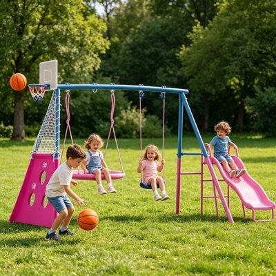 Ensemble de balançoire en métal 5-en-1 pour cour arrière, aire de jeu extérieure pour enfants avec glissade, soucoupe et balançoires à ceinture simple, panier de basketball + but de soccer, cadre en A robuste pour les enfants de 3 à 10 ans
