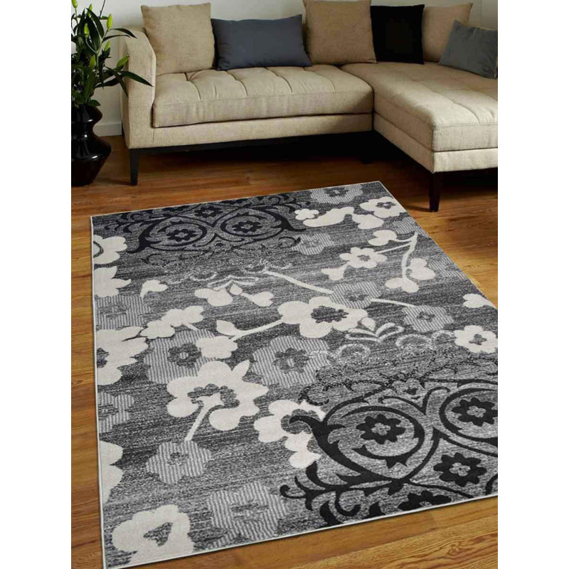 Tullos MACHINE MADE HEATSET POLYPROPYLENE AREA RUGS  - Rectangle Shape, Silver Color, Floral Modern Design, Machine Made Area Rugs for Living Room, Bed Room