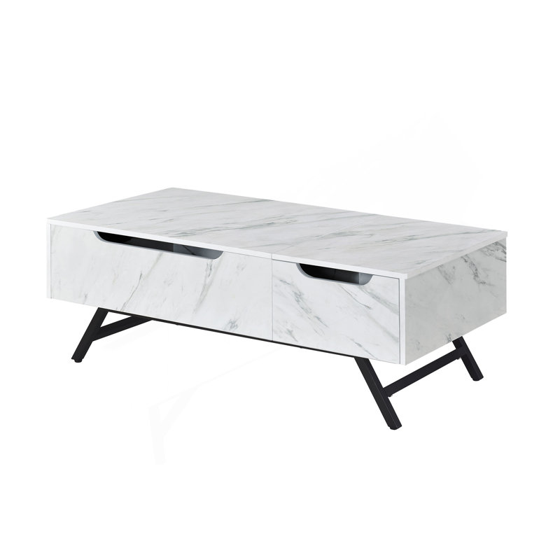 Table basse Throm blanche avec faux grain de marbre et plateau relevable
