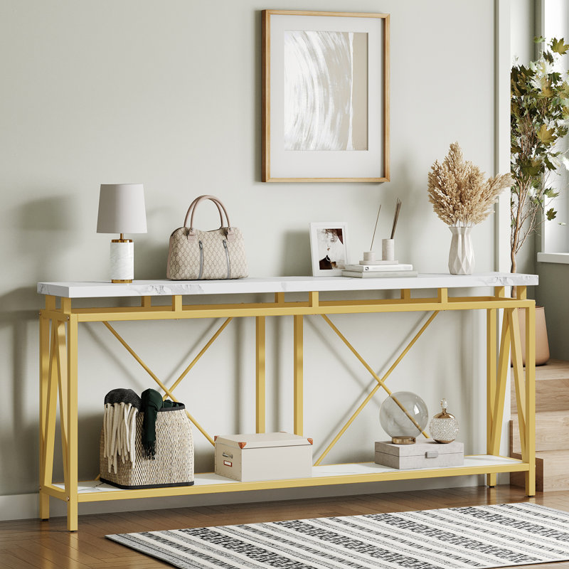 70.9" Marble Veined Table Top 2-Tier Console Table Sofa Table with Open Storage and LED Light