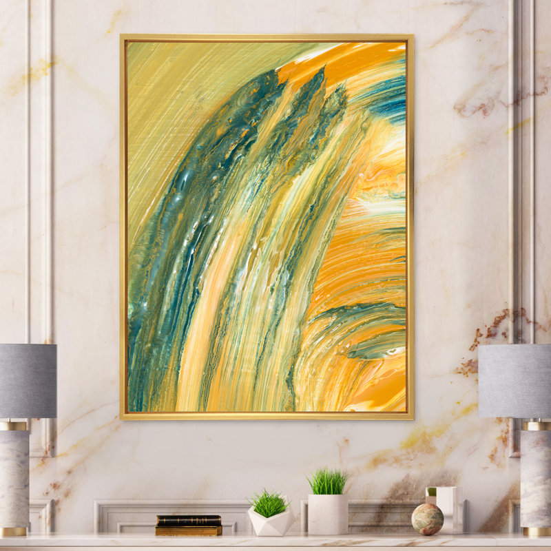 «Orange and Emerald Brush Waves», reproduction sur toile, H 32 po x l 24 po, Cadre flottant doré