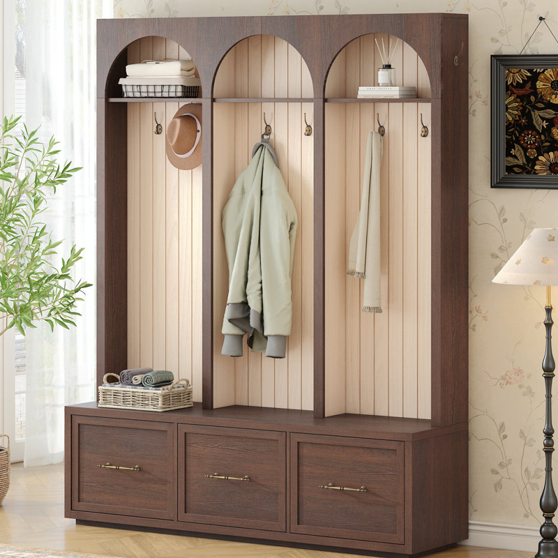 74.8" H 3-In-1 Hall Tree With Bench, Farmhouse Bench With 8 Retro Hooks And 3 Drawers, Rustic Entryway Coat Rack For Hallway, Entryway, Living Room, Dark Walnut