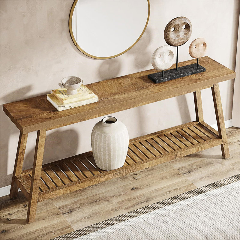 Console de style campagnard extra long de 70,9 po, table d'entrée en bois massif avec rangement ouvert à 2 niveaux, canapé rustique étroit derrière le canapé pour le couloir, le salon ou le vestibule, brun clair