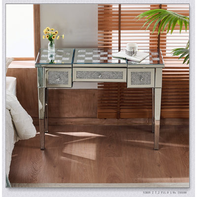 Mirrored Makeup Vanity Desk With Crushed Diamond Inlay, Silver Dressing Table With Flip-Top Mirror, Glass Console Table For Bedroom, Entryway, Dressing Room