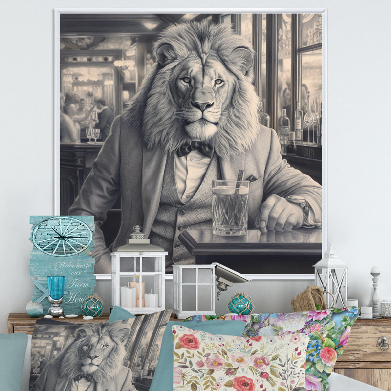 Lion ayant une boisson sur toile, H 30 po x l 30 po x P 1 po, Cadre flottant blanc