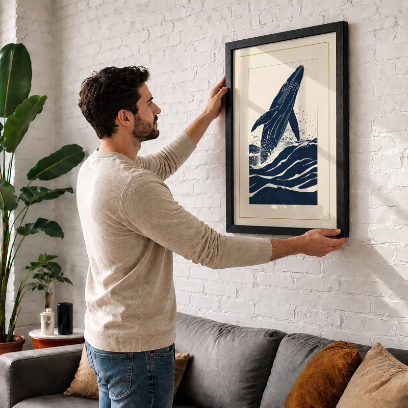 Whale Rising Coastal - Framed Print, A2 - 59.4 x 42.0 cm, White