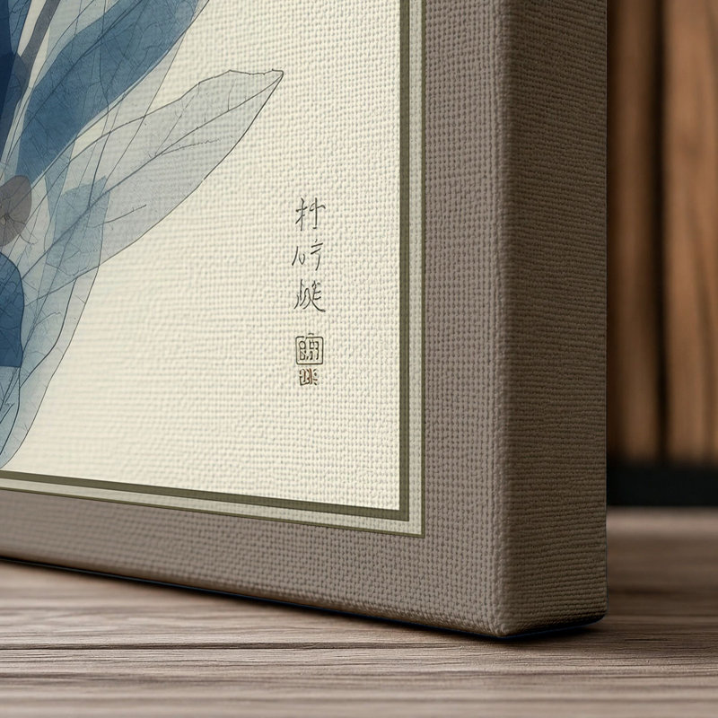 Delicate Blue Blossoms Japandi - Wrapped Canvas, 24x16 - 61.0 x 40.6 cm, Taupe Border