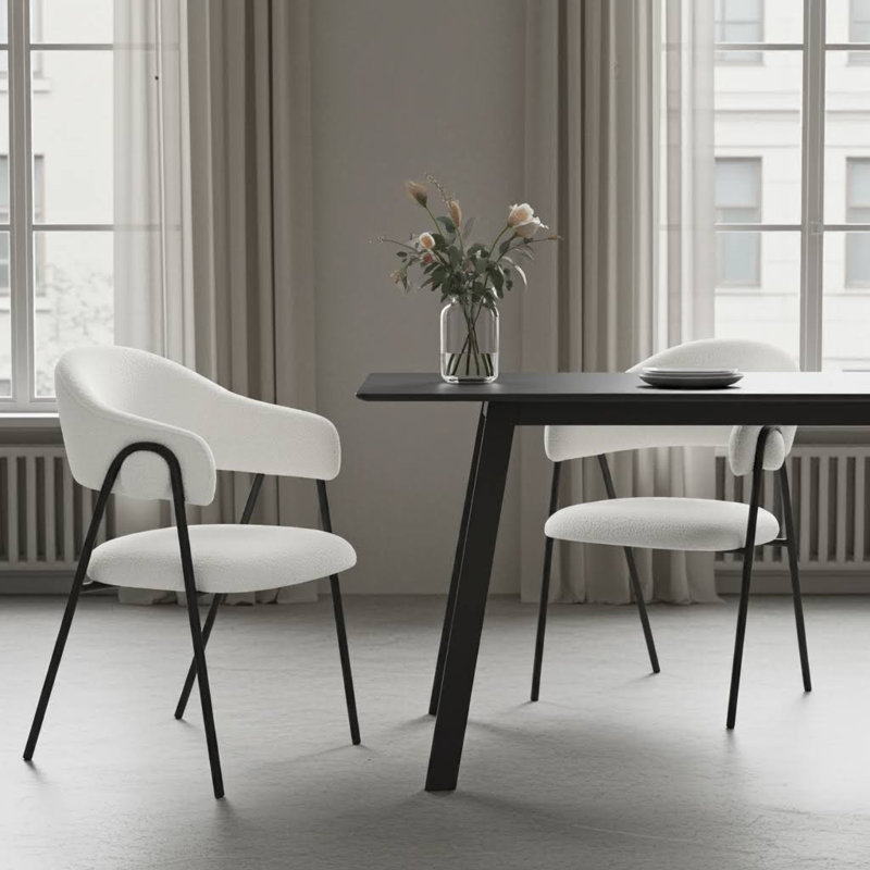 Noah Set of 2 Velvet Upholstered Dining Chairs with Black Metal Frame, White