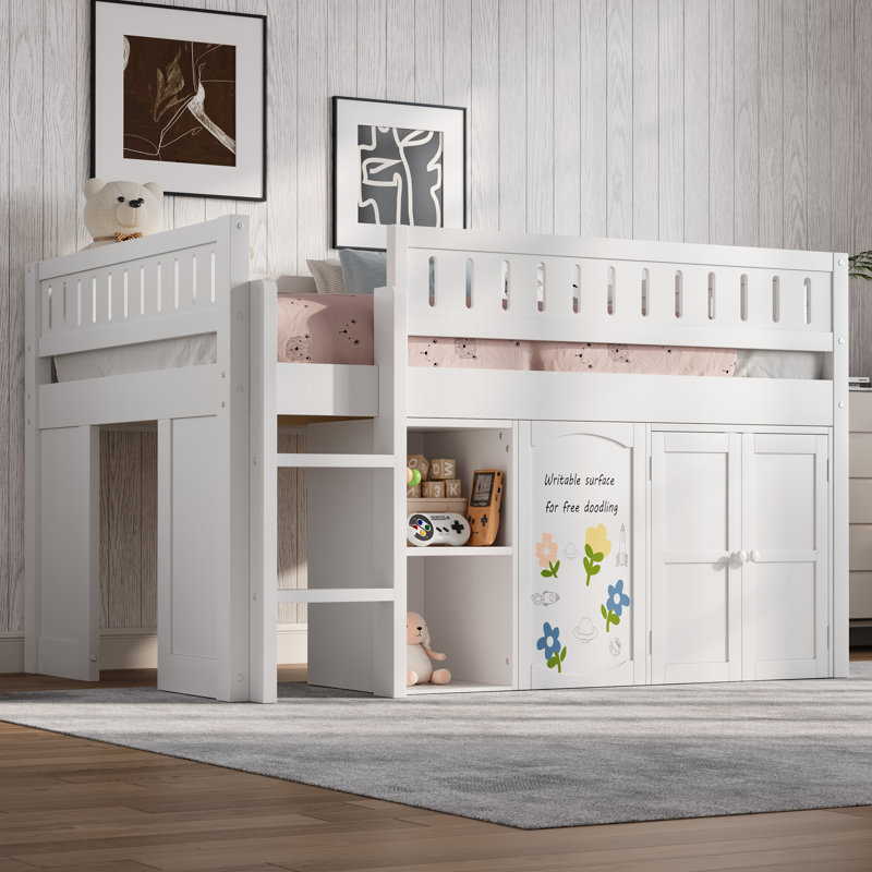  Lit mezzanine double avec armoire de rangement, tablettes ouvertes et panneau noir, blanc, White
