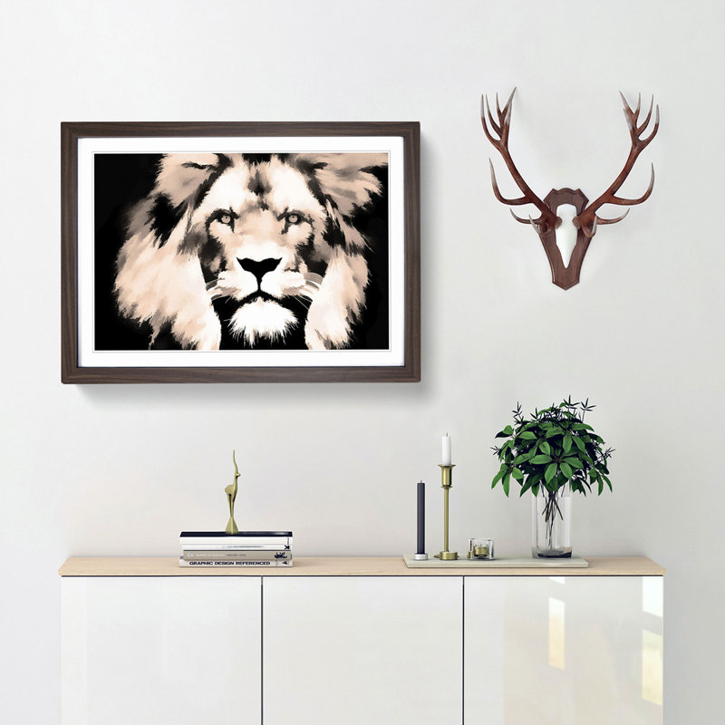 Lion in Abstract - Picture Frame Graphic Art Print, 40cm H x 60cm W x 2cm D, Walnut