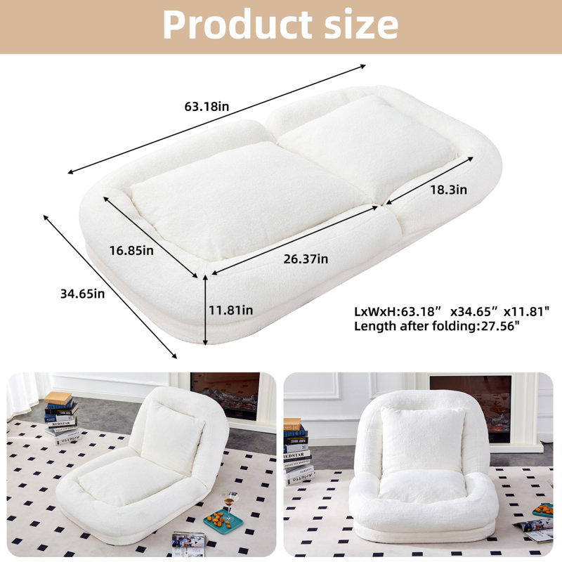 Folding Sofa Chair With 5 Adjustable Positions Plush Floor Lounge Chair For Gaming, Meditation, And Relaxation, White