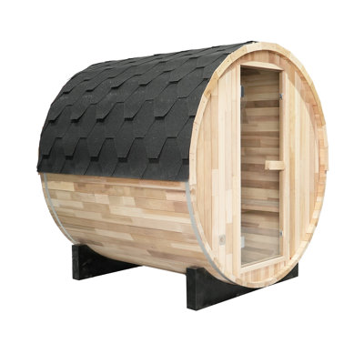 Outdoor Barrel Steam Sauna, Canadian Hemlock Sauna Room for 2 Person with 4.5KW Harvia Heater, 8mm Tempered Glass
