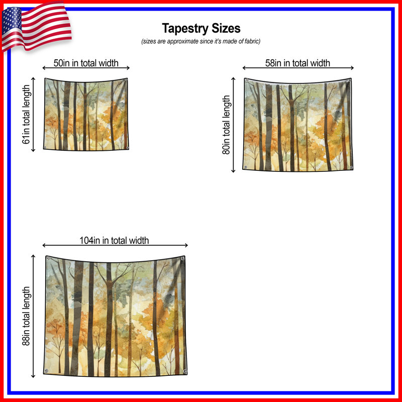 Autumn Forest Landscape Wall Tapestry - Forest Wall Decor, 68in H x80in W with 4 Grommets