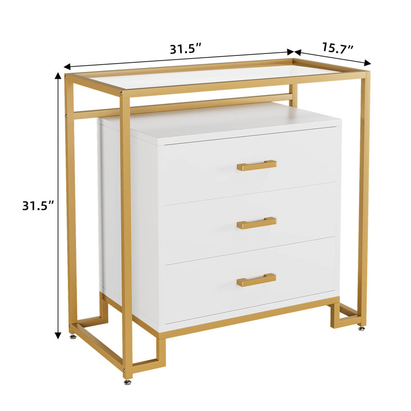 Commode 3 tiroirs Roski, Blanc / Doré