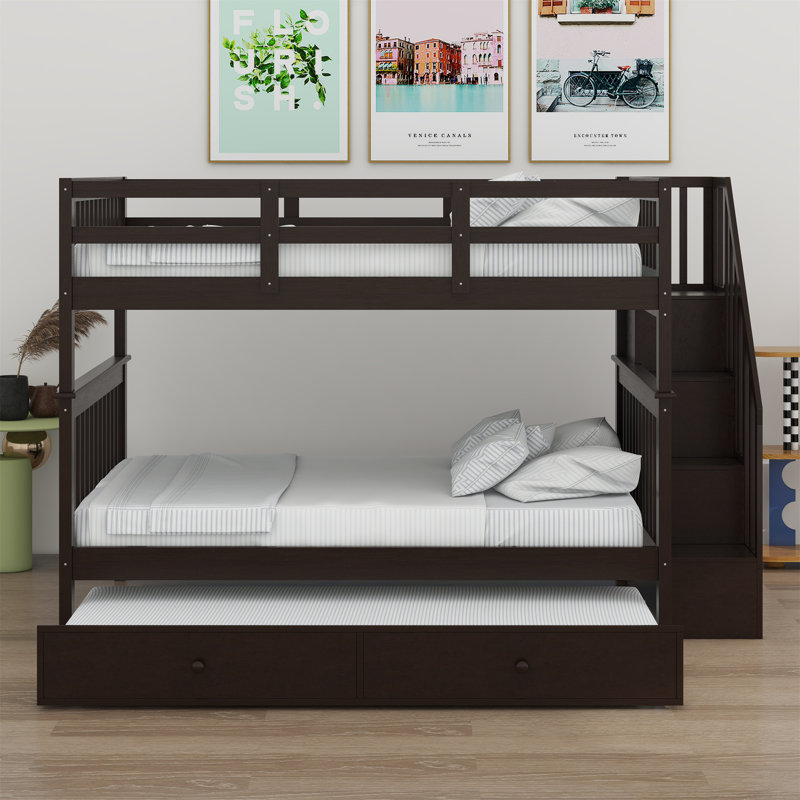 Full over Full Bunk Bed with Built-In Stairs , Trundle Bed Included, Espresso