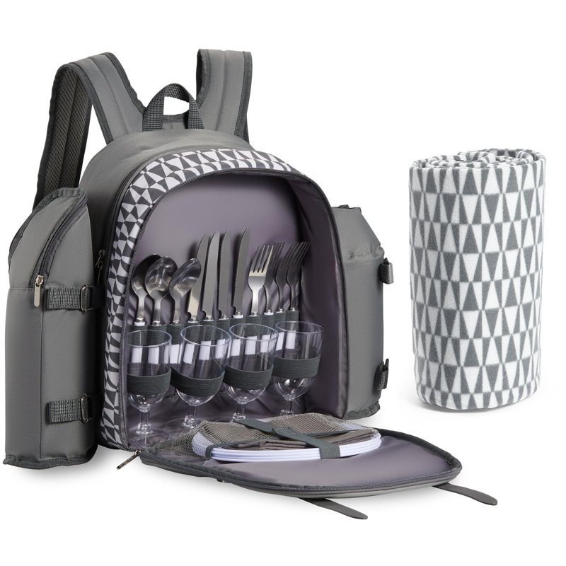 Picnic Backpack, 4-Person Picnic Bag With Full Cutlery And Utensils, Insulated Cooler Compartment And Large Waterproof Blanket