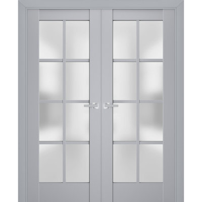 Interior Solid French Double Doors Frosted Glass Veregio 7412 Matte Grey Wood Solid Panel Frame Trims Closet Bedroom Sturdy Doors 64" x 80" (2* 32x80)