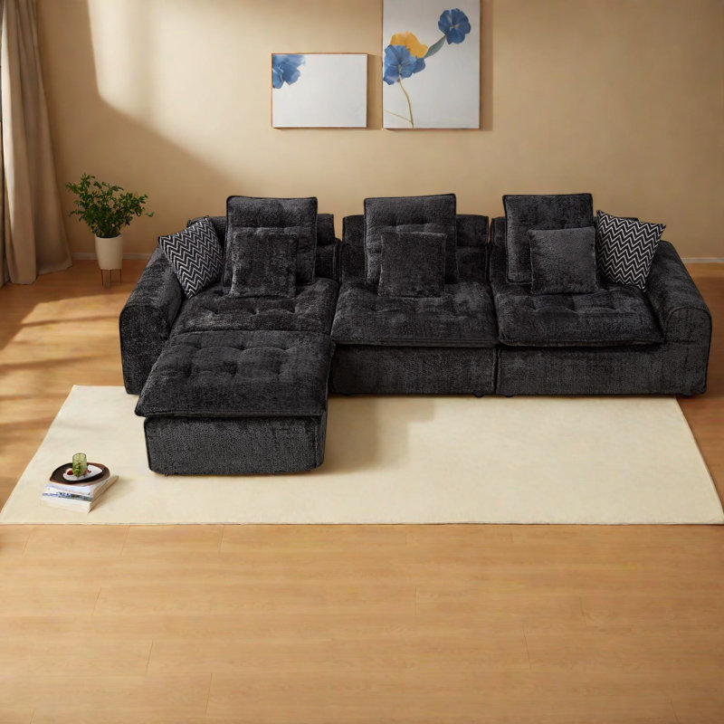 Canapé d'angle profond surdimensionné, canapé modulaire en boucle noire, salon moderne, Noir